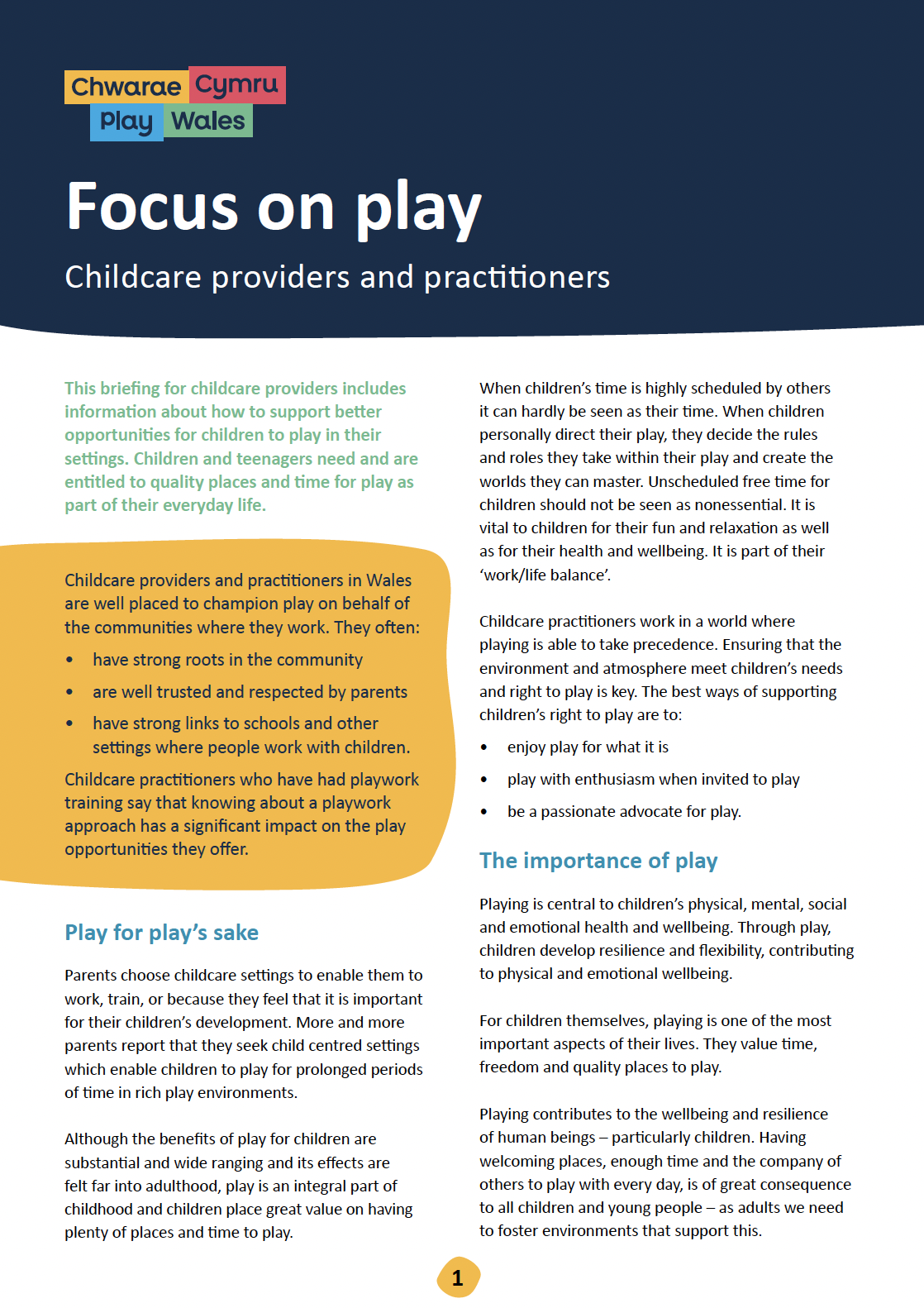 Focus on play – Childcare providers and practitioners